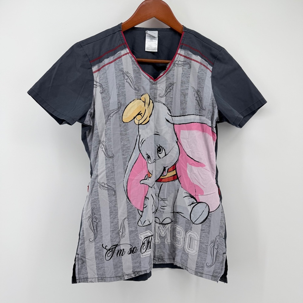 Disney Women XS Scrub Top Grey Dumbo Striped V-Neck Side Zip Pockets TF694
